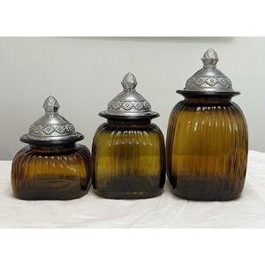 Vtg Artland ribbed amber glass canister Apothecary Mid Century Farm Retro
